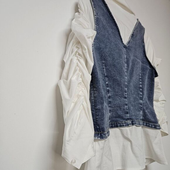 VENUS Blue Denim Vest with White Sleeves Size 8 - Picture 5 of 5
